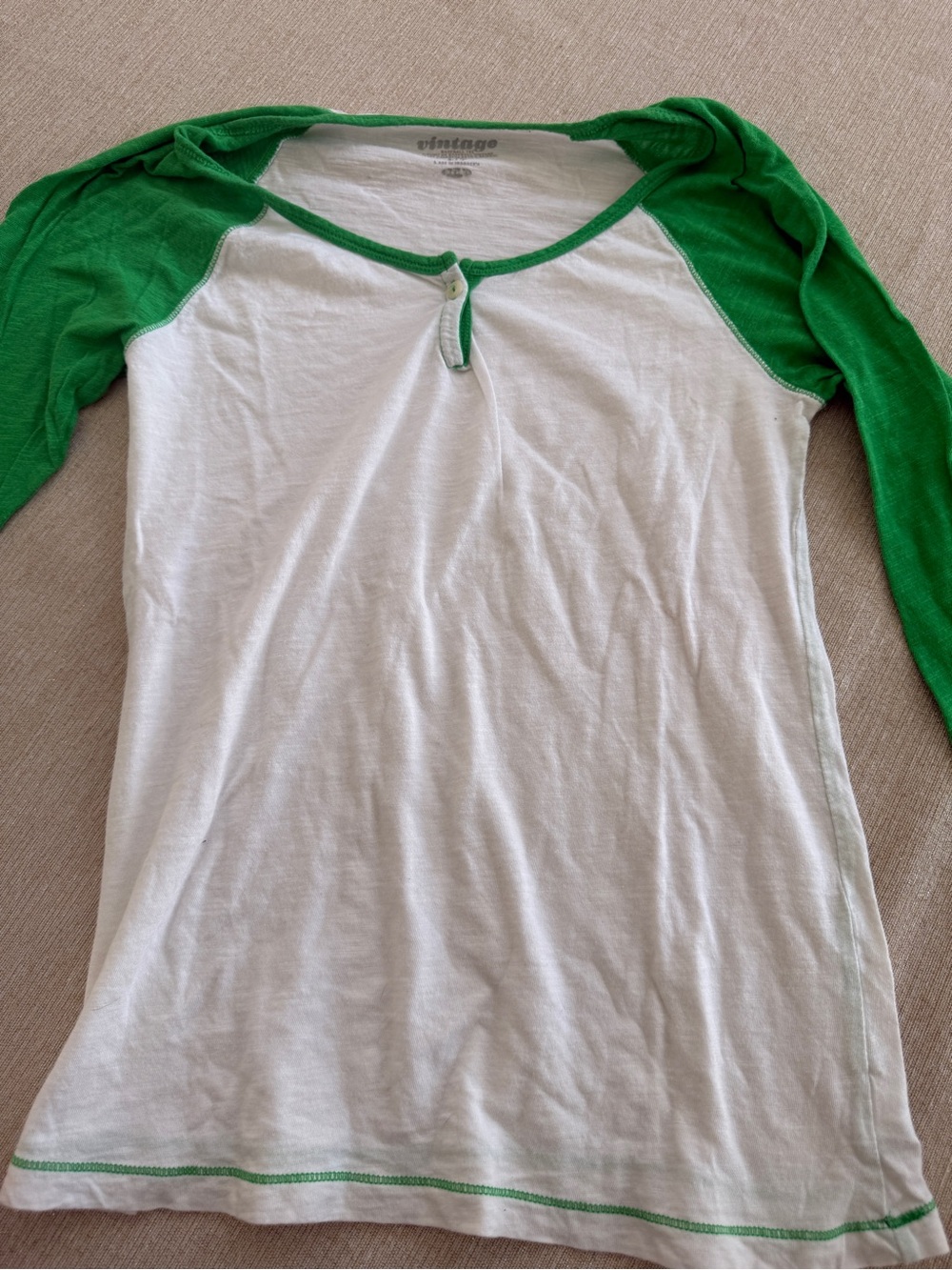 Vintage White & Green Raglan Henley Long Sleeve Tee